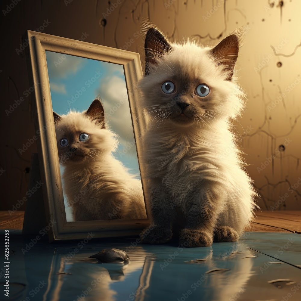 3D Illustration of a charming Siamese kitten, captivated by its own reflection in a mirror ai generate