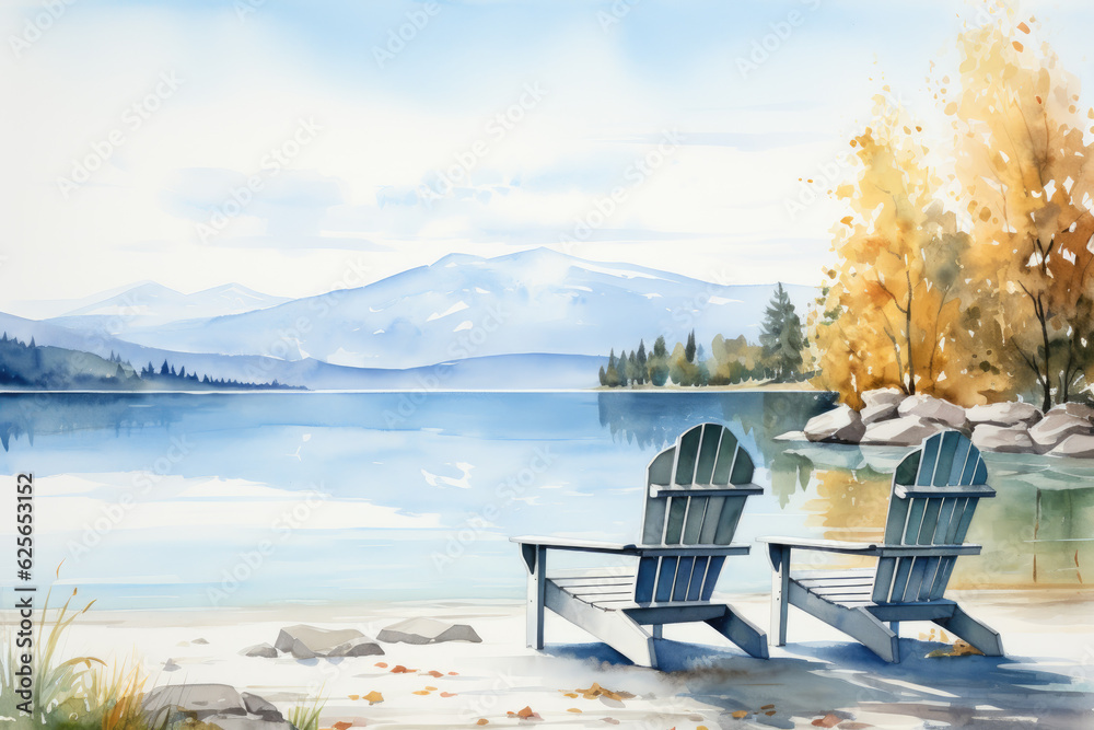 Autumn watercolor illustration of serene landscape with lake, colorful trees, mountains and chairs. Fall season holiday concept for postcard. Outdoor nature scene.
