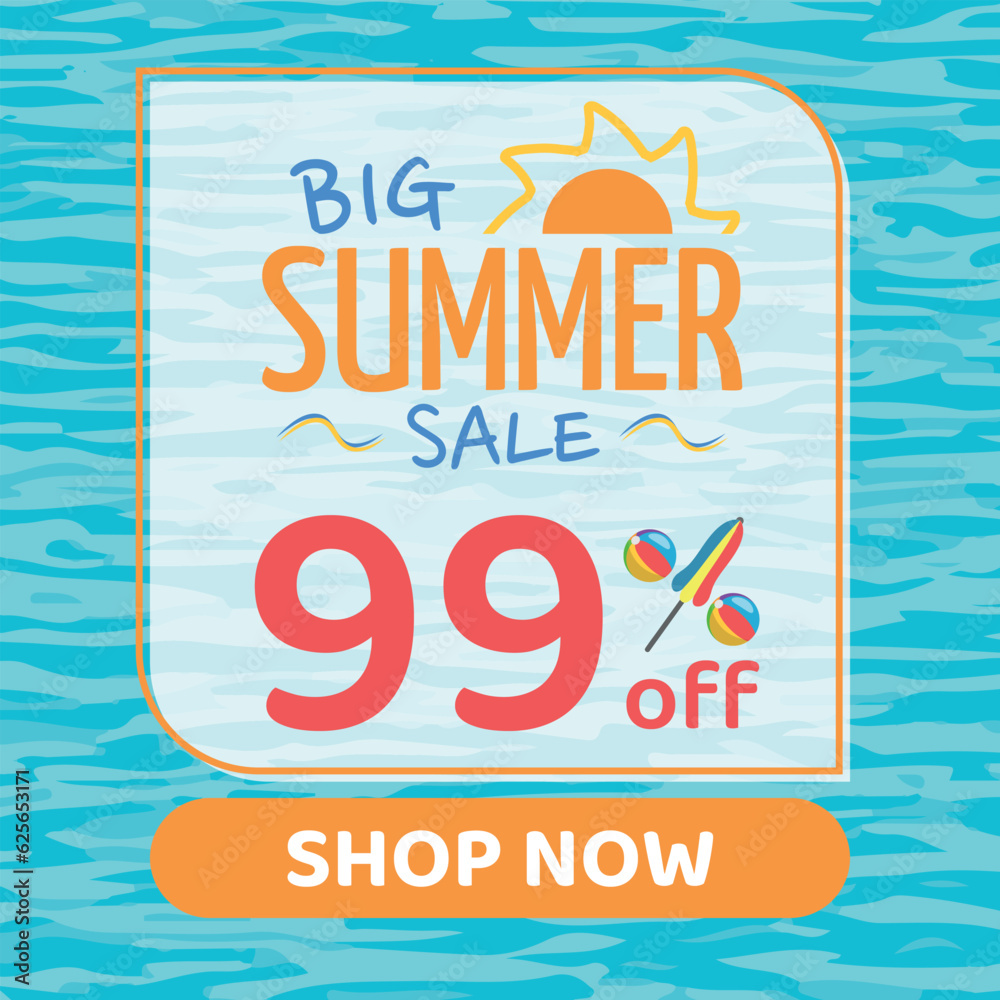 Fototapeta premium Big Summer Sale 99% off, Orange and Blue, Beach Balls and Beach Umbrella form the Percentage Symbol, Pool Water Background, Shop Now