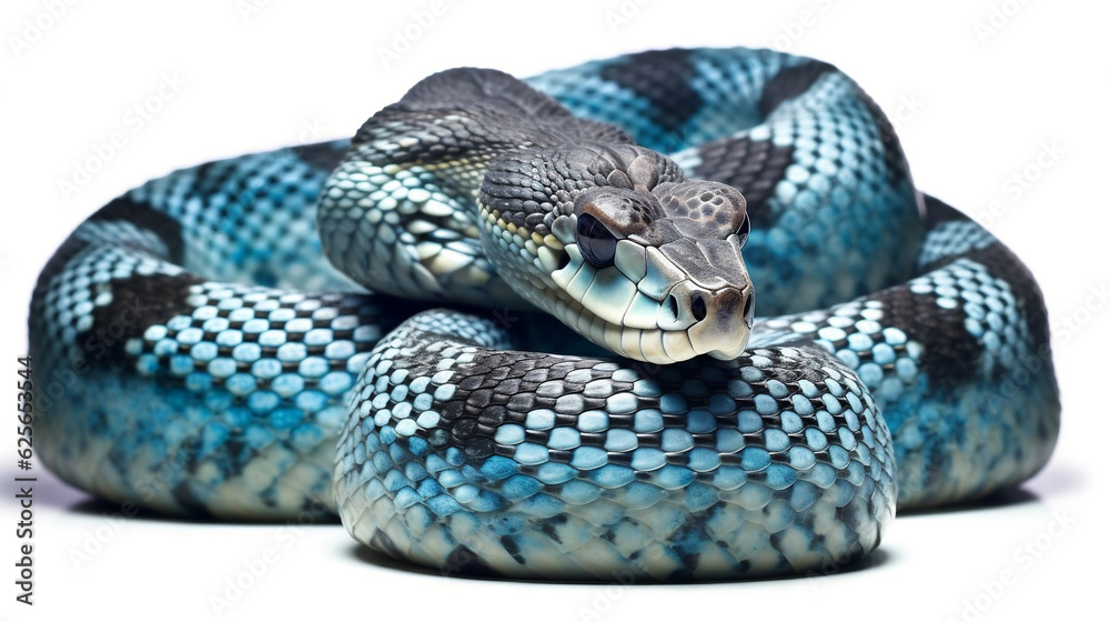 Fototapeta premium Blue viper snake closeup face. Isolated on white background. Generated Ai