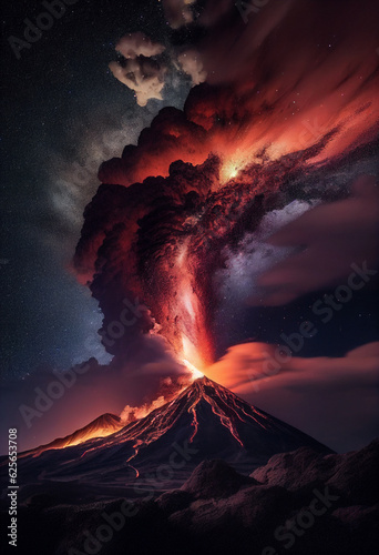 Colorful volcano eruption at night. AI Generated ©  iiulia
