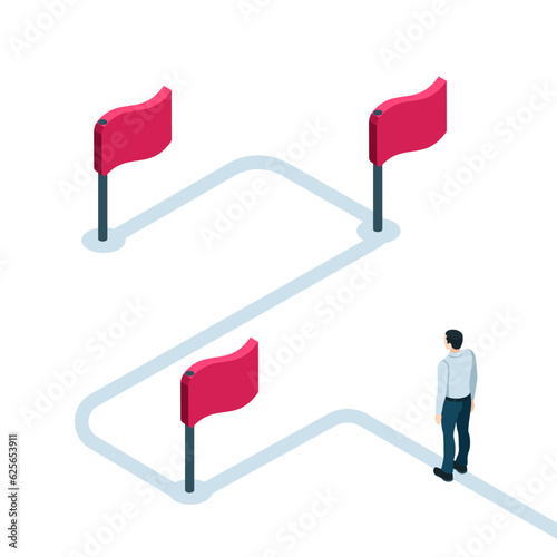 a man stands on a path with flags on a white background, a step-by-step path to success, business vision isometric concept