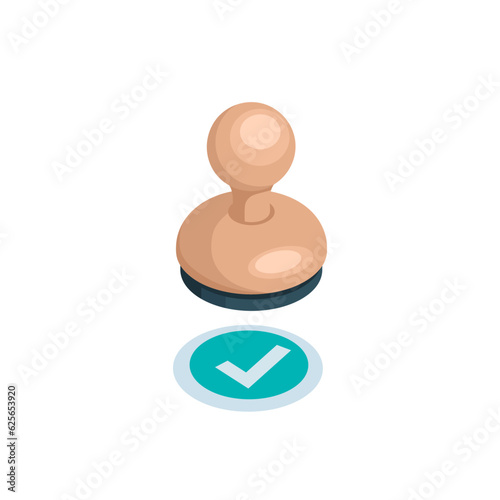 isometric stamp icon and checkmark in color on white background, approve or accept