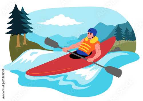 Clipart of a man kayaking with river and mountain landscape, vector illustration