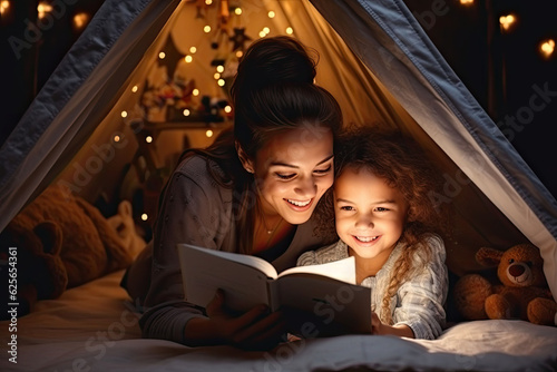 reading and family games in children's tent. mother and child daughter with book and flashlight before going to bed