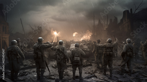 group of soldiers advance in the rain over the rubble of war
