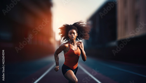 Young african woman running. Dynamic movement. A strong athletic, woman sprinter, running on the race track wearing in the sportswear with motion speed