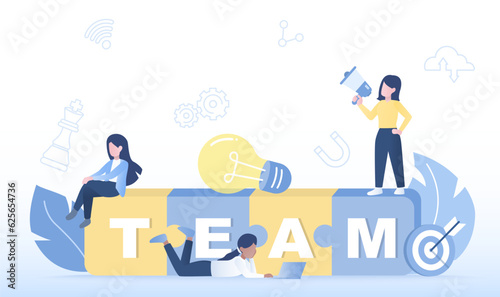 The concept of teamwork, pieces of a jigsaw puzzle, work together for common goals. Collaboration, thinking, planning, brainstorming, training, manage and develop strategy to achieve success.