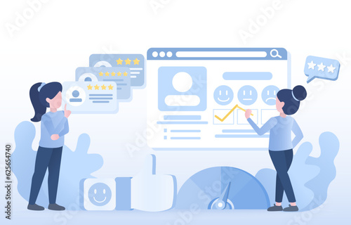 Customer satisfaction survey concept. Feedback from customers to assess level of satisfaction with a product or service. Reviews, ratings, comment, customer loyalty. Flat vector design illustration.