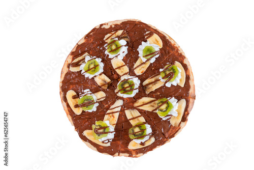 sweet pizza with chocolate, whipped cream, bananas and kiwi