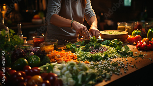 Warm and Inviting Kitchen Setting with Fresh Ingredients with person preparing a salad. Generative AI.