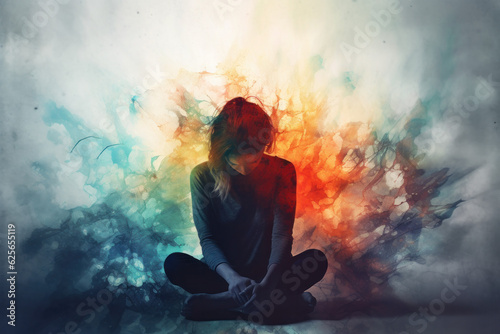 Sad woman sitting on floor looking down, depression, colorful feelings