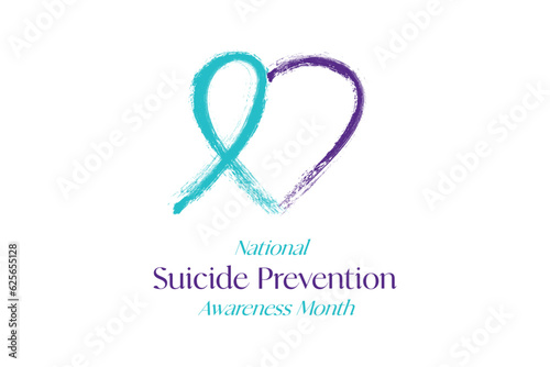 National Suicide Prevention Awareness Month Banner. Painted teal and purple awareness ribbon and heart logo icon on white background. Editable Vector Illustration. EPS 10.