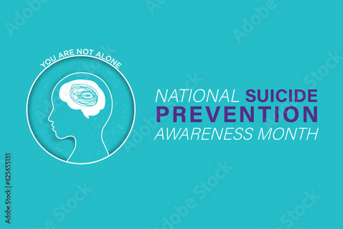 September is National Suicide Prevention Awareness Month Banner with copy space on teal background. Human head with jumbled writings in brain. You are not alone. Vector Illustration. EPS 10 photo