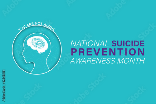 September is National Suicide Prevention Awareness Month Banner with copy space on teal background. Human head with jumbled writings in brain. You are not alone. Vector Illustration. EPS 10