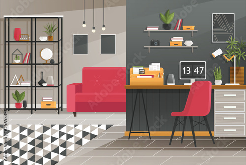 Home office interior. Vector illustration. Designer architect workplace office interior Online career Workspace Home office interior Stylish home or studio workplace of student Coworking space