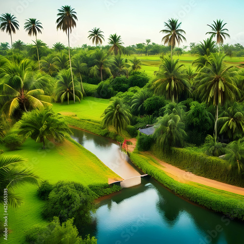 tropical island with palm trees and river water