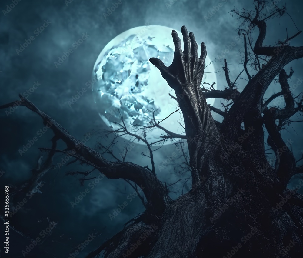 Zombie hand reaching full moon at Halloween, generative ai