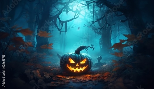 Halloween background with pumpkin lantern in spooky forest, generative ai