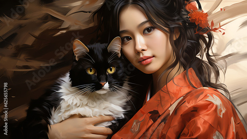 Painted portrait of a beautiful Japanese woman with a cat, home comfort, love for pets