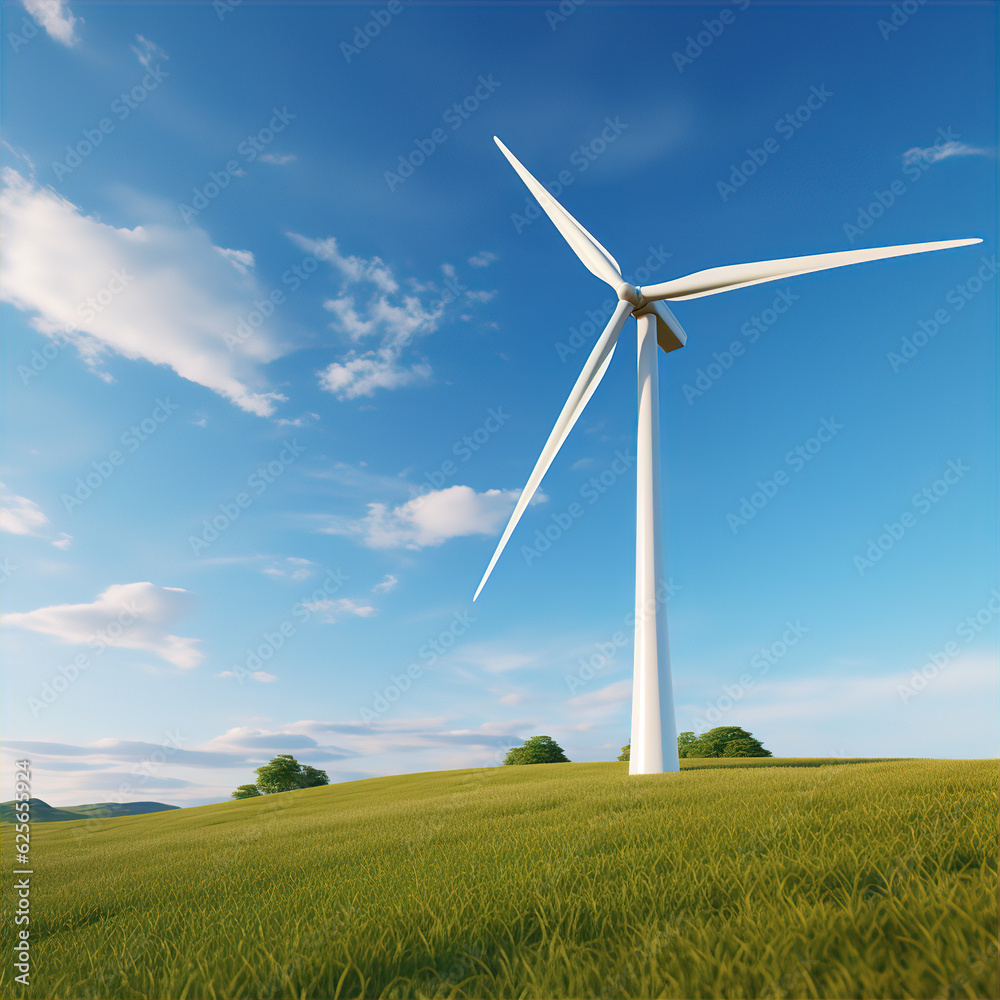 Obraz premium White Wind Powered Turbine Renewable Energy Green Hill Countryside Illustration