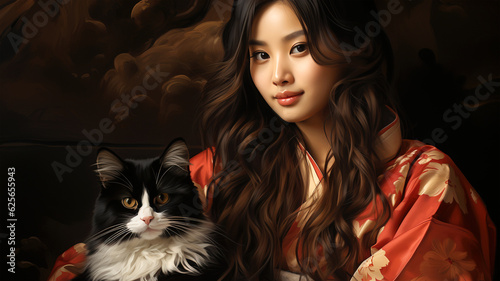 Painted portrait of a beautiful Japanese woman with a cat, home comfort, love for pets