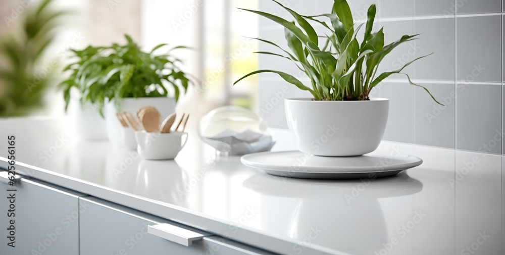 Herbs in pots on kitchen table, generative ai