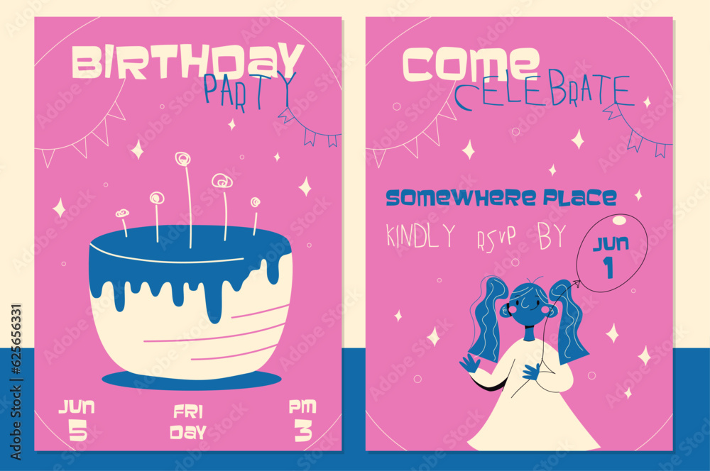 Obraz premium Bright invitation to kids birthday party retro style.Happy girl invitation banners.Children event celebration flyer.Cartoon vector posters.