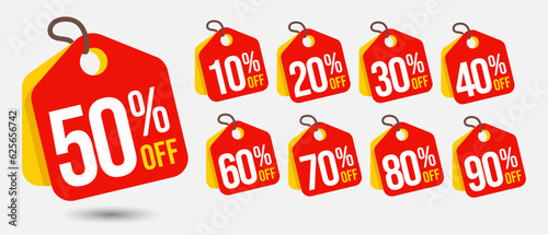 set of price red tags discount offer 10% 20% 30% 40% 50% 60% 70% 80% 90%