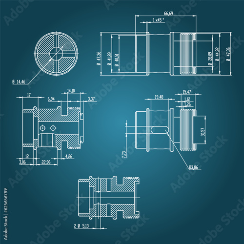 Shaft. Engineering drawing. Modern mechanics blueprints. Vector technology background. White modern wallpapers	
