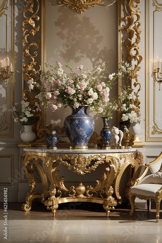 Timeless elegance in a captivating room; broken antique vase with golden cracks amidst curated art, blending old and new.