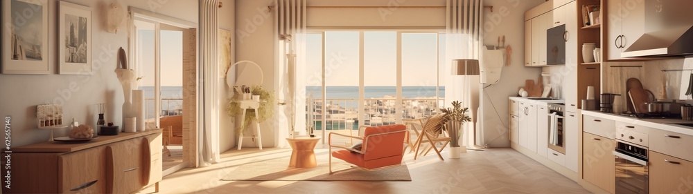 Fototapeta premium Living room and kitchen, generative ai