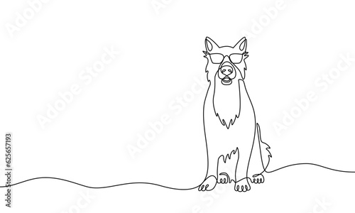 Continuous line drawing of a dog sitting with glasses. Vector banner illustration