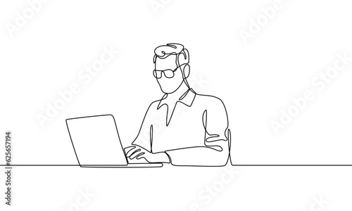 Continuous line drawing of a man with glasses sitting at a table and using a laptop for online work or education. Vector linear icon © Olena