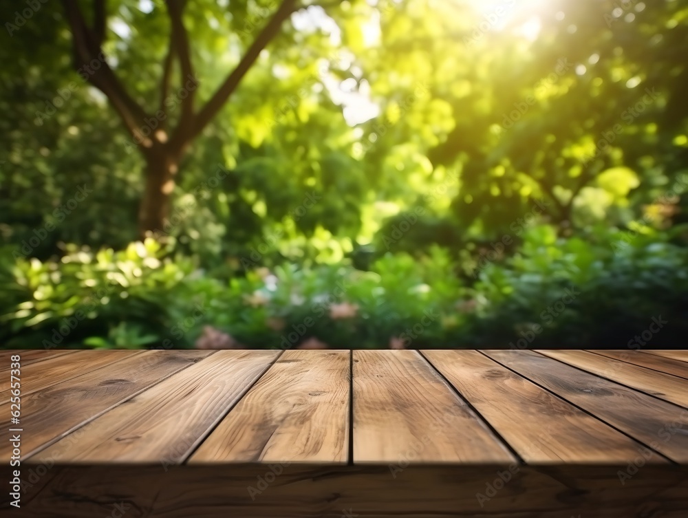 Garden background with wooden table