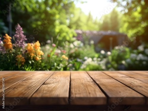 Garden background with wooden table