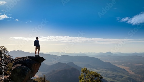 Person on the top of mountain. Hiker Triumphantly Reaching the Mountain Summit, Gazing Upon a Breathtaking Vista. Majestic Cliffs and Vast Valley Landscape Cast a Striking Silhouette