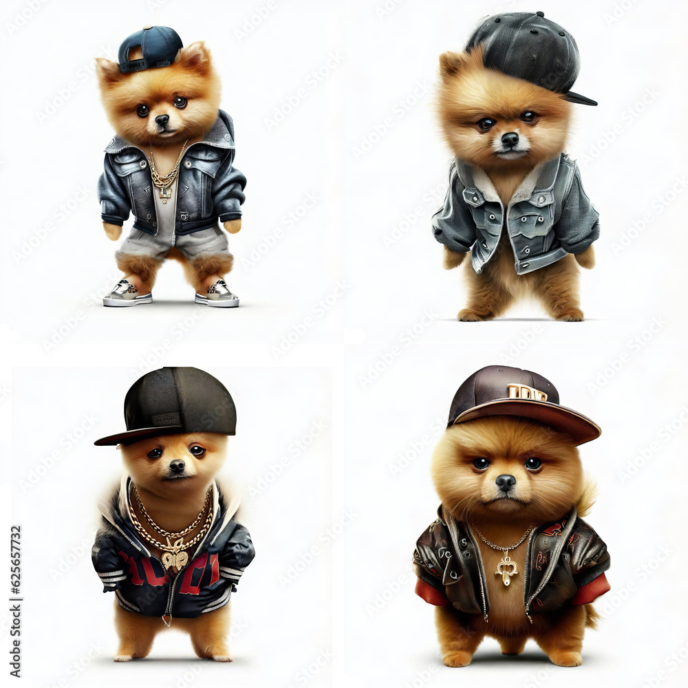 Obraz premium A Pomeranian Hip-Hop Musician puppy illustration set of 4 poses isolated on a white background 