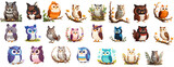 Set of cartoon-style owl animals. Collage of illustration for children
