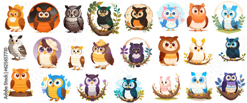 Set of cartoon-style owl animals. Collage of illustration for children
