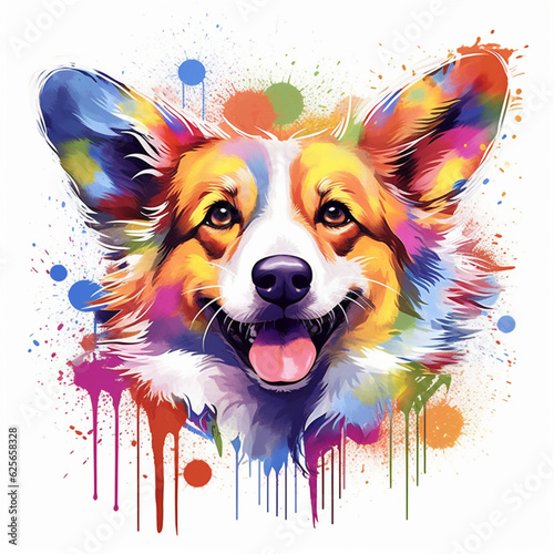 colorful rainbow realistic corgi dog head on a white background. Illustration, AI generation.