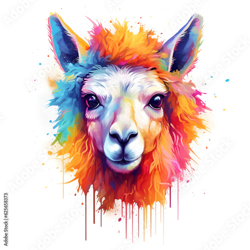 colorful realistic lama head on a white. Illustration, AI generation. © Darya