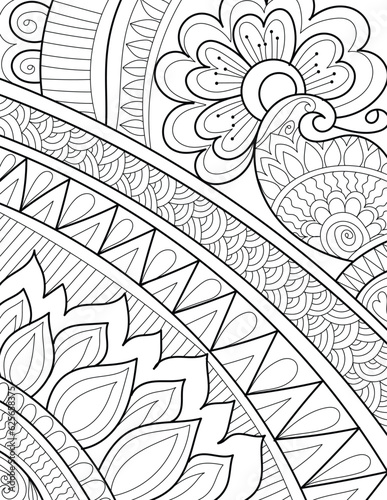 Decorative mandala mehndi design style traditional coloring page illustration for adults & children	