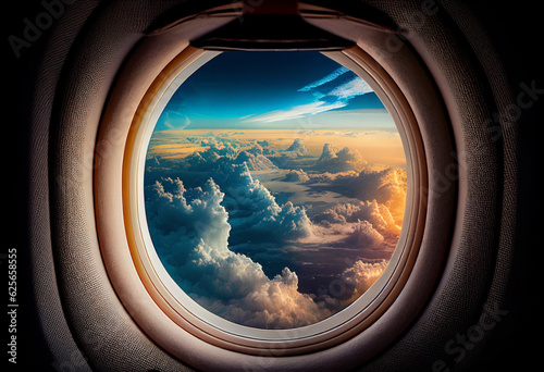 View from the airplane window to the clouds. AI Generated