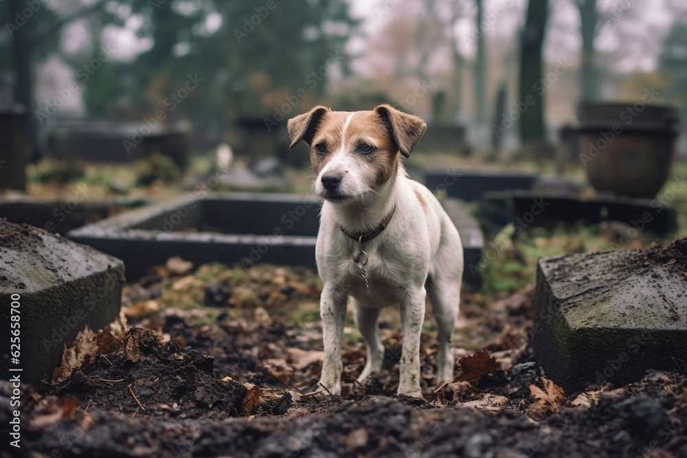 Abandoned dog at the grave of his owner, who did not leave a will for guardianship and did not take out insurance in favor of the pet, generative ai
