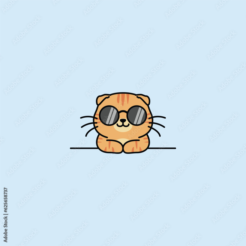 Cute scottish fold cat orange color with sunglasses cartoon, vector illustration