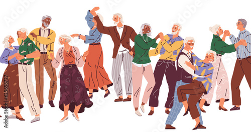 Old people dancing. Vector illustration. Man and woman hold hands and demonstrate dance moves. Grandma and grandpa at the dance. Retired senior couple dancing together. Aged people having fun