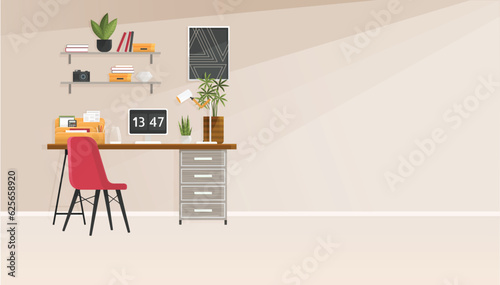 Home office interior. Vector illustration. Freelance and convenient job concept Business workspace in room interior Work from home, distant work, freelance, work online Designer architect workplace