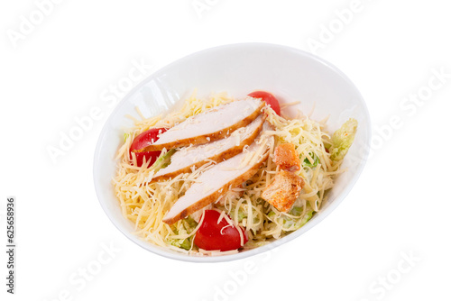 caesar salad with chicken in a white plate, healthy meal, diet food