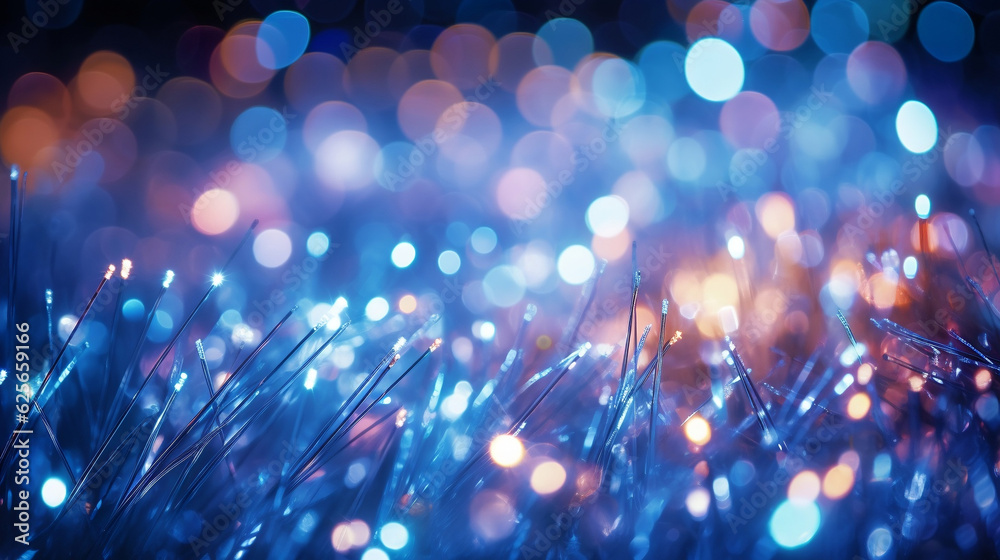 Abstract close up fiber optics light for background. Holiday concept. Optic communication and technology background. Optical lighting with bokeh, Generative Ai